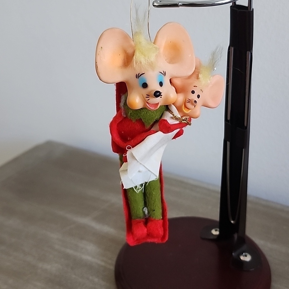 Vtg Kitsch Christmas Mice Hanging Ornament MidCentury Japan Red & Green Felt Elf